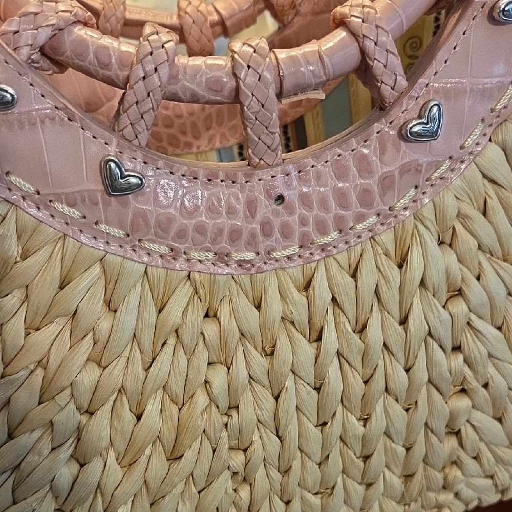Brighton Straw Structured Tote Bag With Pink Faux Croc Embossed Leather Trim - Picture 8 of 14